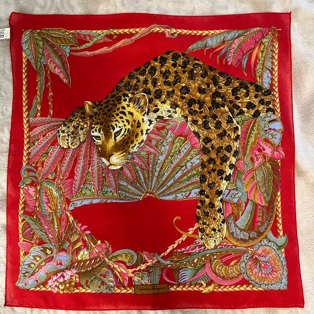 Salvatore Ferragamo Red Cotton Handkerchief with Cheetah Design
